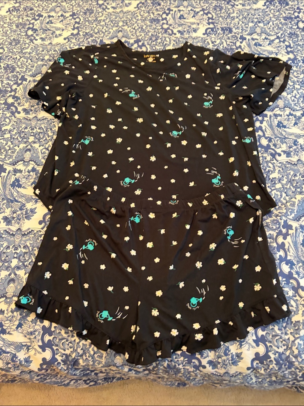 kate spade Black Floral Cat Pajama Set with Teal Accents